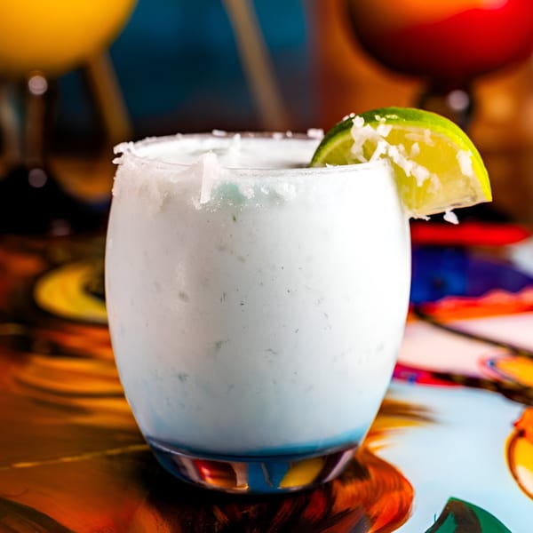 A frosty, light blue margarita with a salted rim and lime wedge, on a colorful patterned surface.