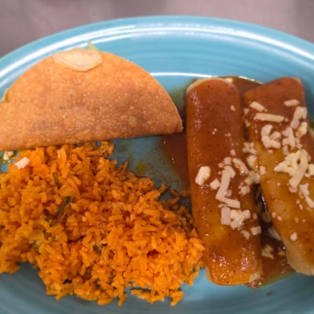 1. Taco, Two Beef Enchiladas, Rice.