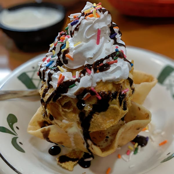 Fried ice cream dessert with whipped cream, chocolate syrup, and colorful sprinkles in a tortilla bowl.