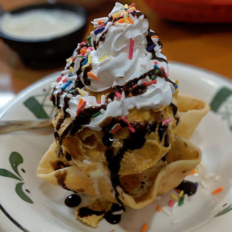 Fried ice cream dessert with whipped cream, chocolate syrup, and colorful sprinkles in a tortilla bowl.